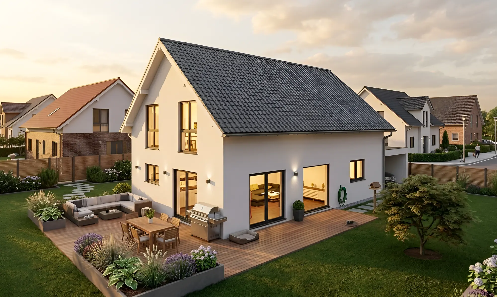 Einfamilienhaus mit Satteldach und Holzterrasse im Garten