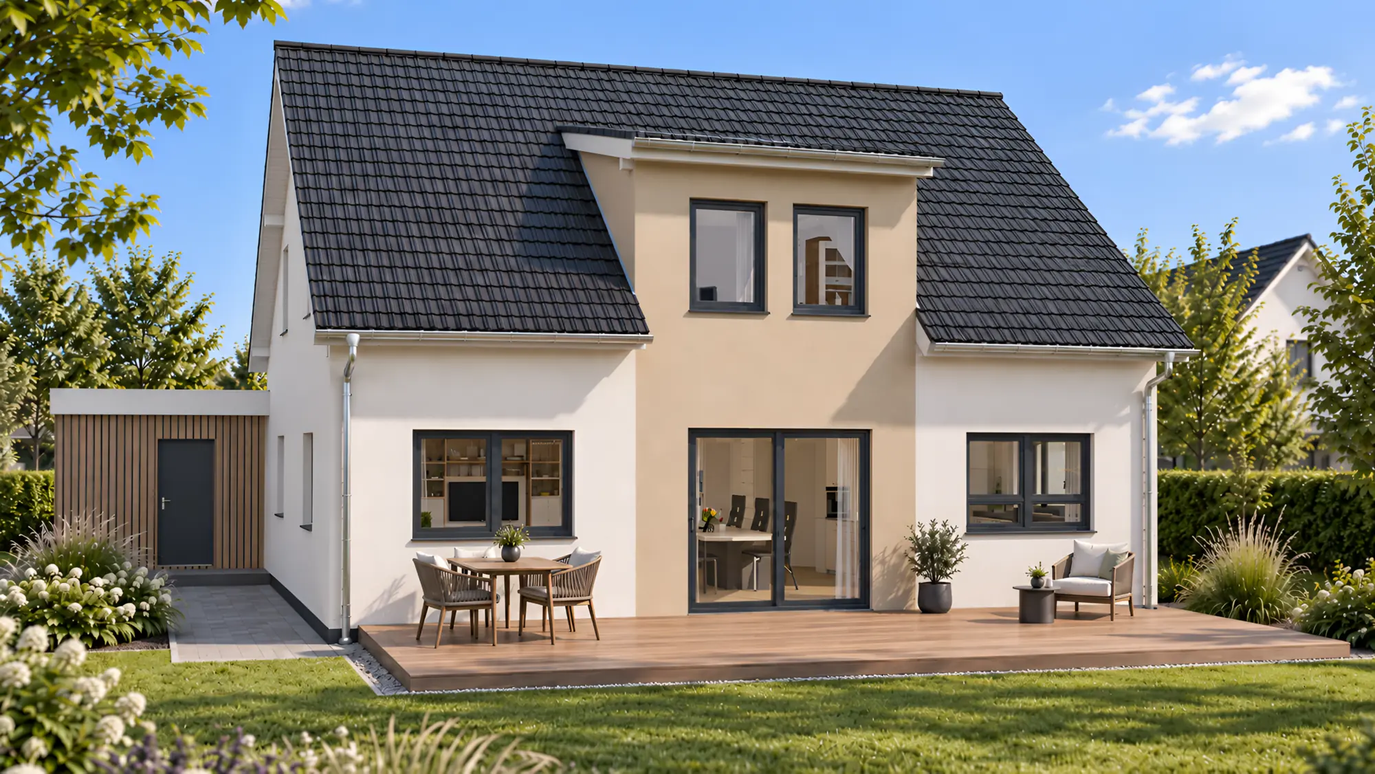 Life 162, Gartenansicht mit Standard-Putzfassade und Terrasse