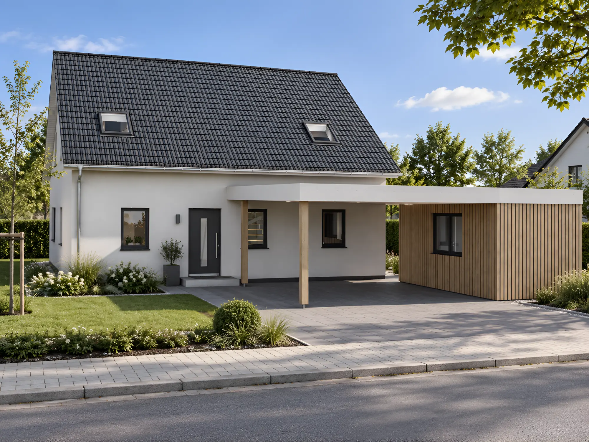 Straßenansicht mit Carport – Standard-Putzfassade