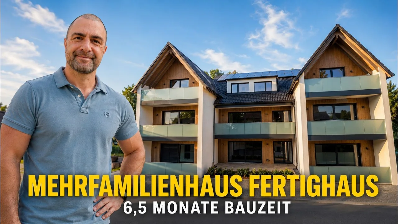 Alex Hafezi vor einem Mehrfamilienhaus in Holzbauweise – Video über ein Mehrfamilienhaus als Fertighaus mit 6,5 Monaten Bauzeit