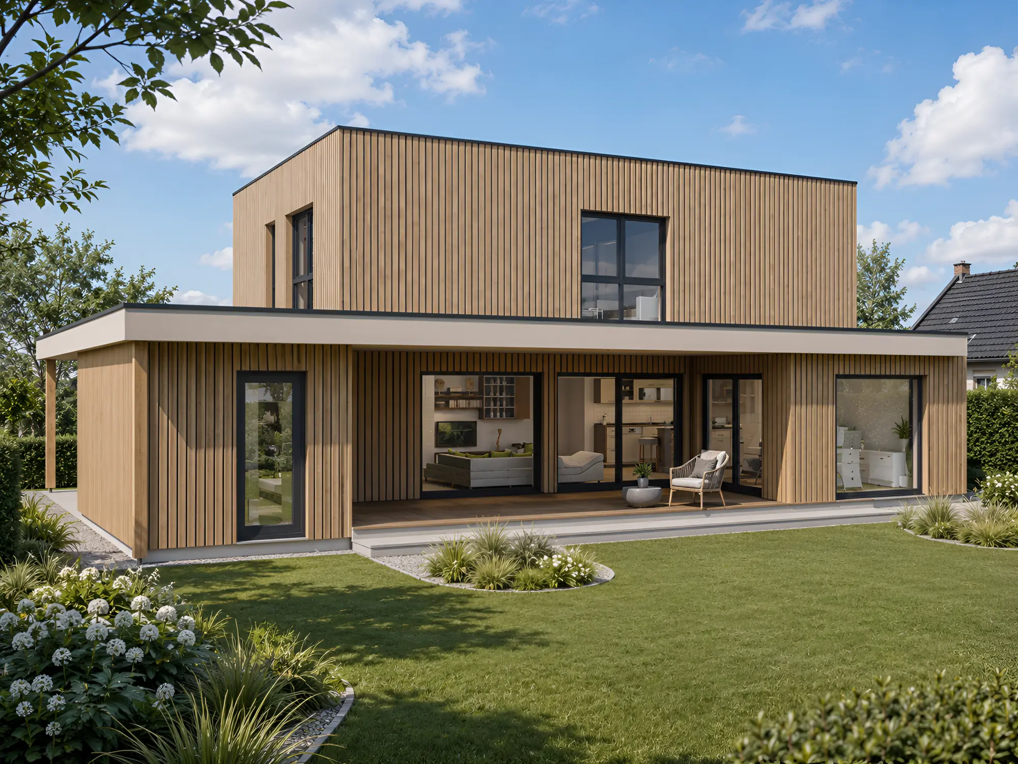 Modernes Argus Architektenhaus mit Holzfassade und Garten