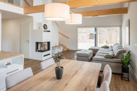 Modern eingerichtetes Wohnzimmer mit offener Decke, sichtbaren Holzträgern, Kamin, gemütlicher Sitzecke und Essbereich mit Holztisch.