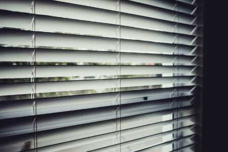 Detailaufnahme von geschlossenen horizontalen Jalousien an einem Fenster mit Blick ins Grüne.