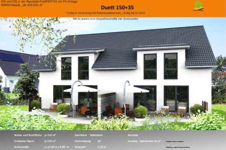 Visualisierung des Haustyps ‚Duett 150+35‘ mit Satteldach, großer Fensterfront, überdachter Terrasse und Hinweis auf Sonderpreisaktion für Referenzbotschafter. Angaben zu Wohnfläche, Dachform und Bauweise eingeblendet.