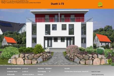Visualisierung eines modernen Mehrfamilienhauses vom Typ ‚Duett 1-73‘ mit Flachdach, Dachterrasse und weiß-roter Fassadengestaltung. Angebotsaktion als Referenzobjekt mit Sonderpreis hervorgehoben.