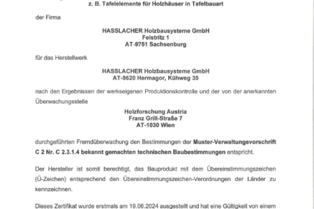 Übereinstimmungszertifikat der Holzforschung Austria für HASSLACHER Holzbausysteme GmbH zur Herstellung von nicht geklebten Wand-, Decken- und Dachelementen in Tafelbauart gemäß deutscher Bauordnung.