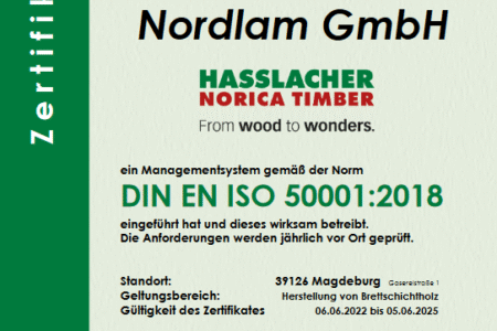 ISO 50001:2018 Zertifikat für Nordlam GmbH, ausgestellt von azm cert für ein eingeführtes Energiemanagementsystem am Standort Magdeburg, gültig bis 06.06.2025.